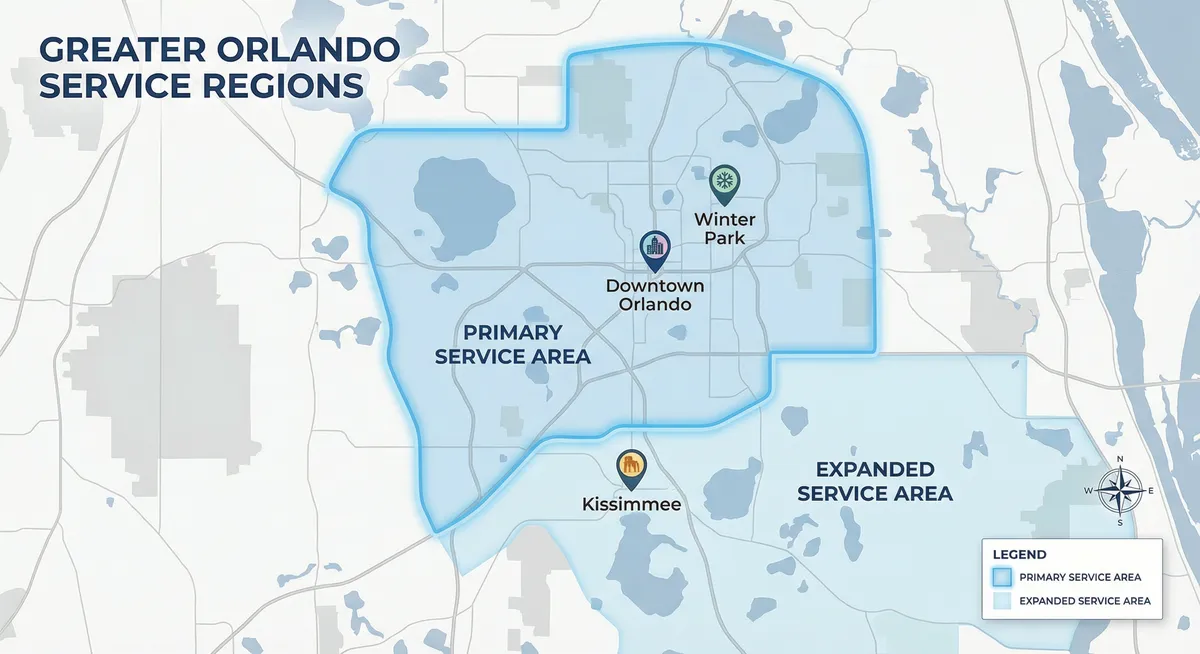 Orlando Hood Cleaning service area map showing greater Orlando coverage